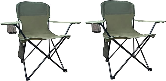 Folding Camping Chair with Cup Holder and Cooler Bag Portable Outdoor Chair for Camping Fishing Beach Picnic Heavy Duty Steel Frame Carry Bag Included Supports 225LBS Green 2 Pack