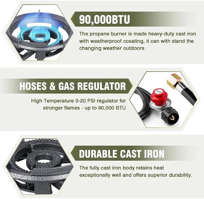 Bestfire 13 Single Propane Burner Stove 90000 BTU Cast Iron Portable Outdoor Burner with 0-20 PSI Adjustable Regulator and 4ft Hose Perfect for Outdoor Wok Cooking
