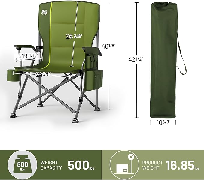 Timber Ridge 500lbs Oversized Folding Camping Chair Heavy Duty Lawn Chair for Adults Portable Collapsible High Back Chair with Cup Holder Side Pocket Cooler Bag for Outdoor Sports Green