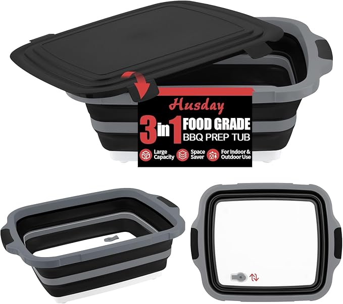 2-Pack XL Collapsible BBQ Prep Tub with Built-In Cutting Board Lid &amp Strainer (4.22 Gal / 16L) – Marinate Drain &amp Prep – Perfect for Grilling Smoking &amp Outdoor Cooking-Black