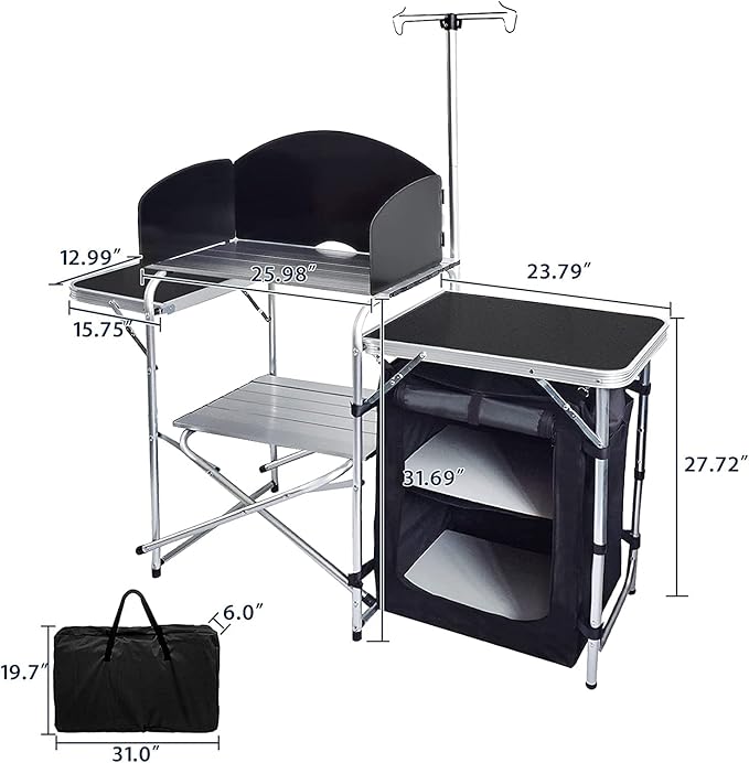 Folding Cooking Table Outdoor Portable Cook Station Aluminum Camping Kitchen with Storage Organizer Windscreen Hooks for BBQ Party (Black)