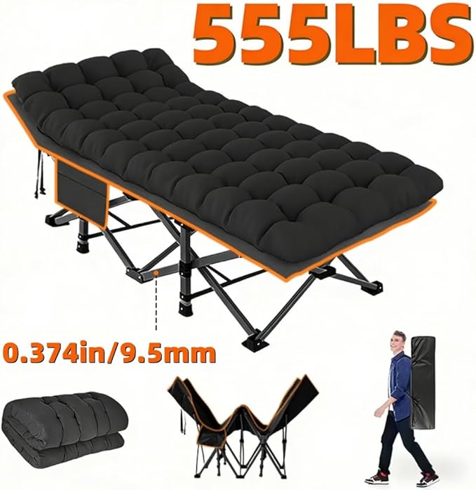 Oversized Heavy-Duty Outdoor Folding Bed with Side Pockets&ampMattress(Mini Model Optional)-755/655/55Lbs Super Capacity Camping CotGarden (Black Utility (555lbs))