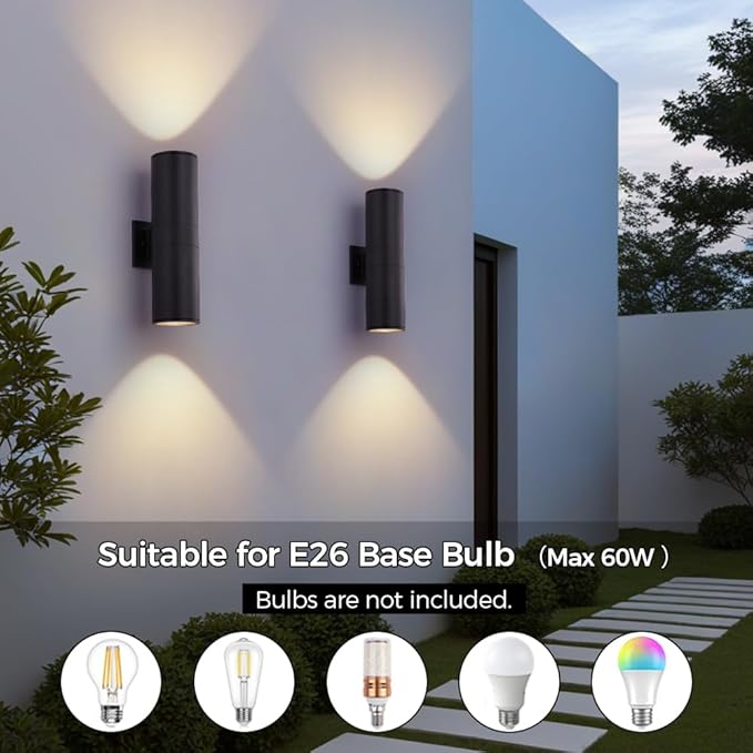 Cerdeco 15 Black Modern Outdoor Wall Light 2 PackCylinder Up Down Aluminum Exterior Wall Sconce for House Porch Garage Patio Doorway EntrywayETL Listed