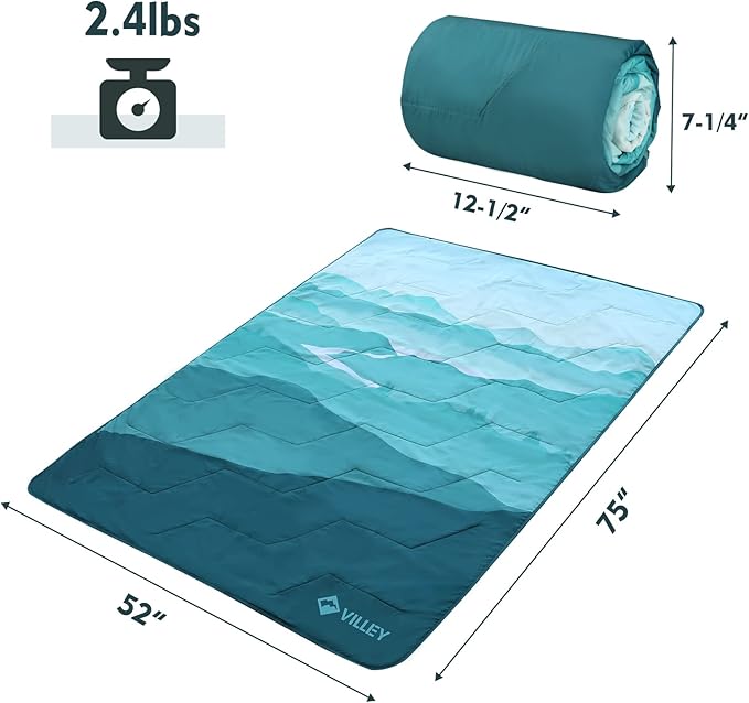 VILLEY Picnic Blanket 3-Layer Camping Blanket 52x75 Machine Washable Water Repellent and Sandproof Packable and Portable for Camping Travel Park Beach and Indoor Use