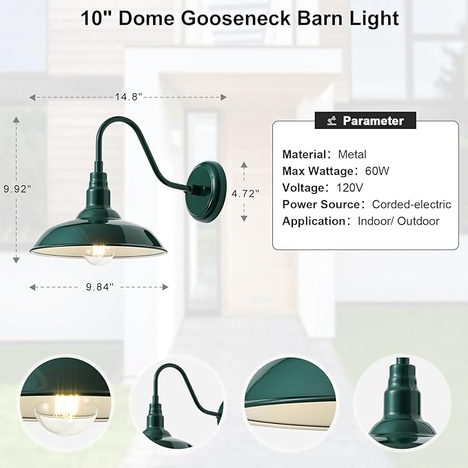 10in Outdoor Gooseneck Barn Light Wall Mount Green Exterior Farmhouse Porch Lights with White Interior Small Dome Outdoor Patio Gooseneck Wall Sconce Garage Lighting for House Cabin