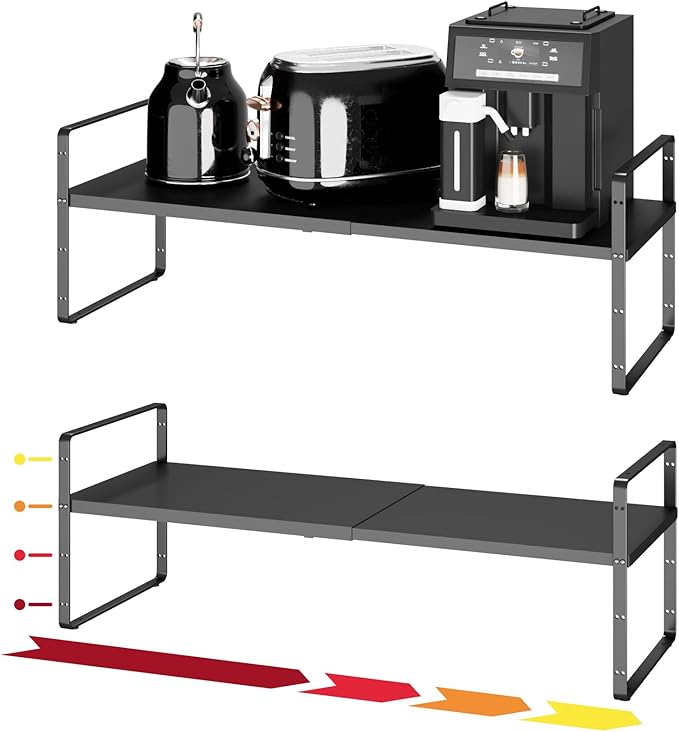 16.5~27.1 Expandable Shelf Organizer 2Pack 10.2 Wide Stackable Cabinet Shelf Organizers Black Metal Sturdy Kitchen Counter Storage for Countertop Adjustable Height Spice Rack
