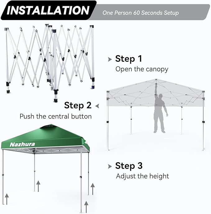 Nazhura 10' x 10' Pop Up Canopy Tent with Sand Weight Bag Awing for Patio Freestanding Sun Shelter for Picnic and Camping One Person Setup White (Green)