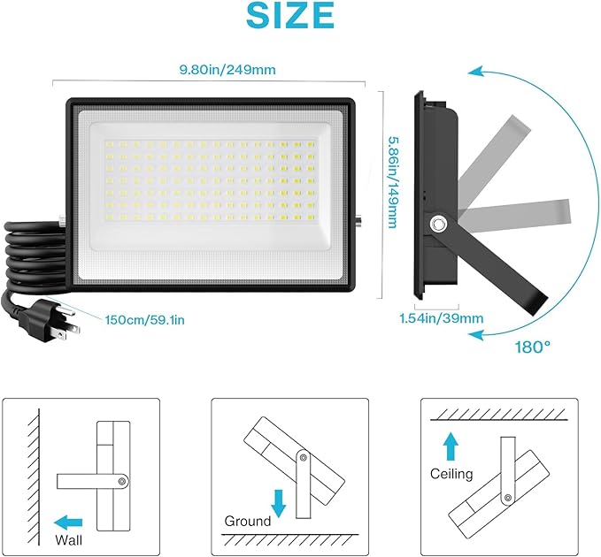 Olafus 130W Flood Lights Outdoor 13000lm LED Work Light Plug in 6500K Daylight White Led Flood Light Outdoor IP66 Waterproof Security Lights for Yard Garage Stadium 4 Pack