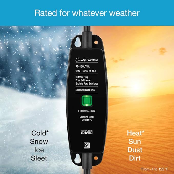 Lutron Outdoor Smart Plug for Caseta Smart Lighting Summer Patio Backyard Outdoor Lights &amp Motors 15A LED Fixtures &amp 1/2 HP Motors PD-15OUT-BL Black