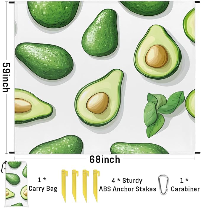 Waterproof Sandproof Beach Blanket 59''×68'' Avocados Polyester Outdoor Picnic Blanket with 4 Stakes &amp Storage Bag for BeachCampingVacation Fruit