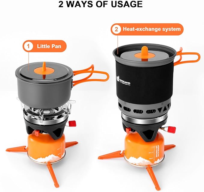 Odoland Heat Exchange Camping Pot with Backpacking Stove 7-In-1 Camping Cookware Mess Kit for Hiking Trekking Fishing and Picnic
