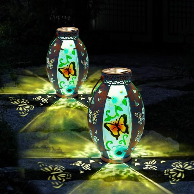 Butterfly Hanging Solar Lantern Outdoor Garden Decor Butterfly Lantern Memorial Gardening Gifts for Mom Grandma Solar Lights for Outside Waterproof Table Decor