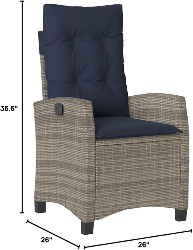 2-Piece Reclining Garden Chair Set with Adjustable Armrests Grey Poly Rattan and Navy Blue Cushions for Patio Outdoor Lounge Furniture with Durable Weather-Resistant