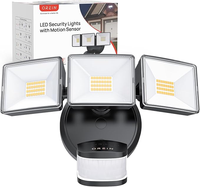 OREiN 10000LM Flood Lights Outdoor 180°/75FT Motion Sensor Outdoor Lights 4 Modes Dimmable Dusk to Dawn Floodlights IP65 Waterproof for 8000SQ.FT Area for Big Patio Driveway Black (Hardwired)