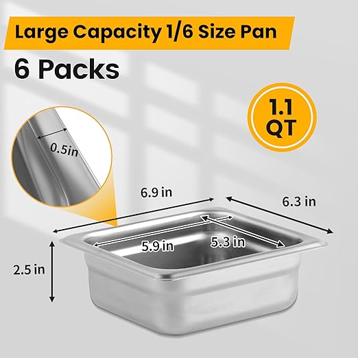 Aplancee 1/6 Hotel Pans 2.5 Inch Deep Stainless Steel Food Pan - Anti-Jam 6 Pack Steam Table Pan Set for Catering Buffet Use Kitchen Prep
