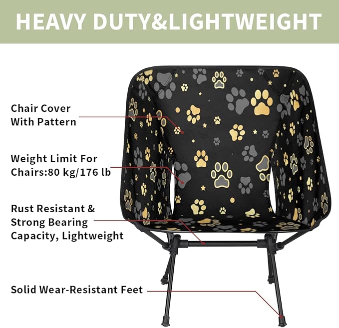 Black Gold Dog Pattern Camping Chair Lightweight Portable Chairs for Adults Easy Installation Outdoor Foldable Camping Chair for Camping Fishing Hiking Picnic Beach