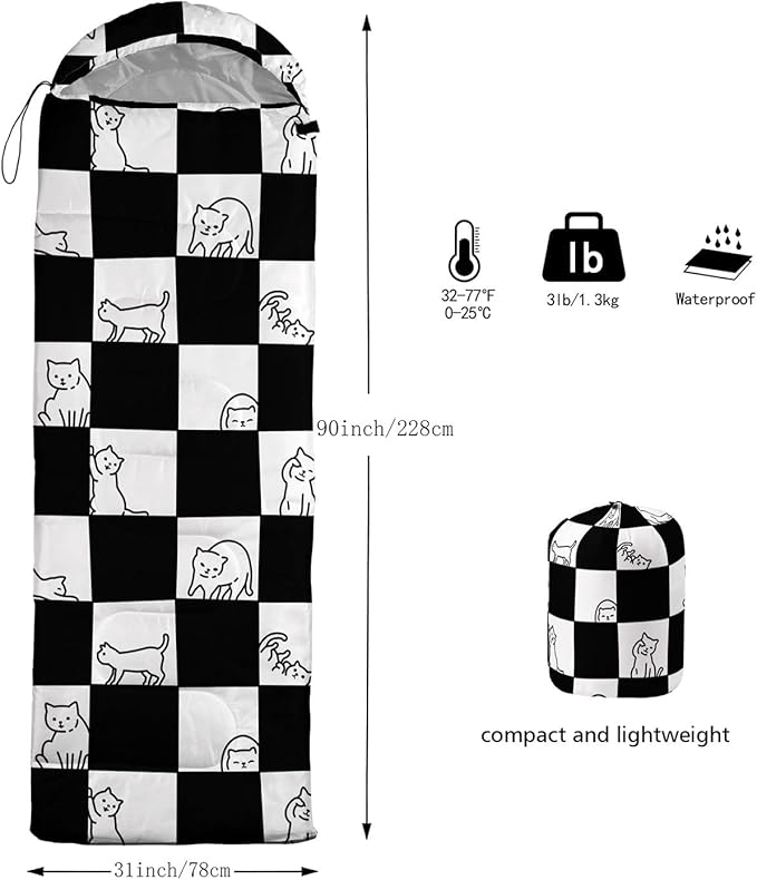 Kids Sleeping Bag for Boys GirlsCheckerboard Cat Print-Lightweight Warm Portable Outdoor Indoor-Waterproof Cold Weather Resistant Sleeping Bag for Camping Hiking