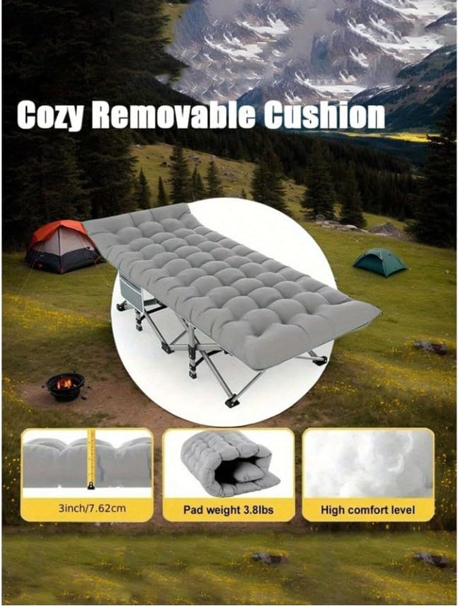 Folding Camping Cot with Mattress Portable Bed for Adults Comfortable Sleeping Solution for Indoor Outdoor Travel Home Office Use with Carry Bag (Gray)
