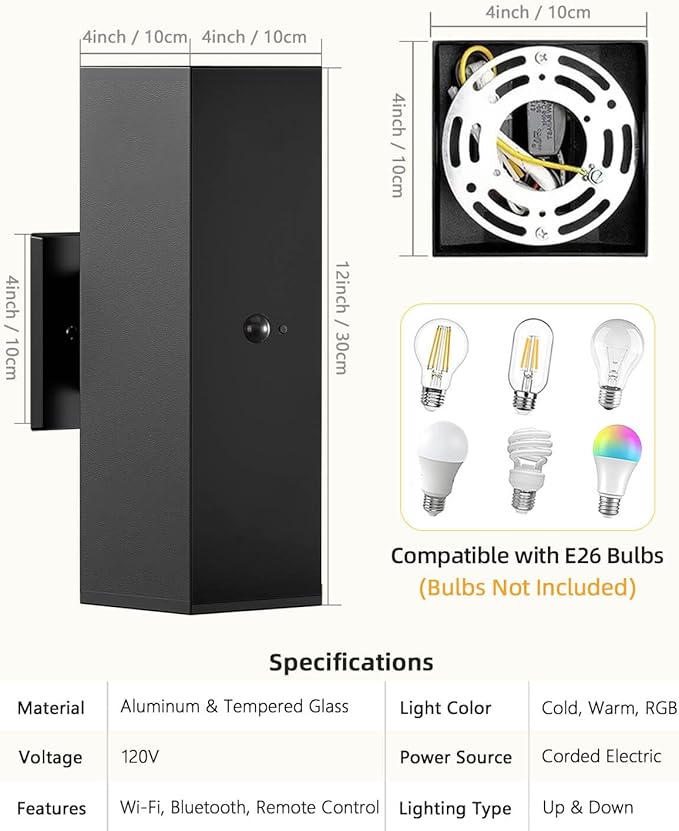 KIZON Motion Sensor Outdoor Lights 2 Pack Dusk to Dawn Outdoor Lighting Porch Lights Matte Black Exterior Lighting Fixtures with E26 Base Waterproof Motion Detector Lights for Outside