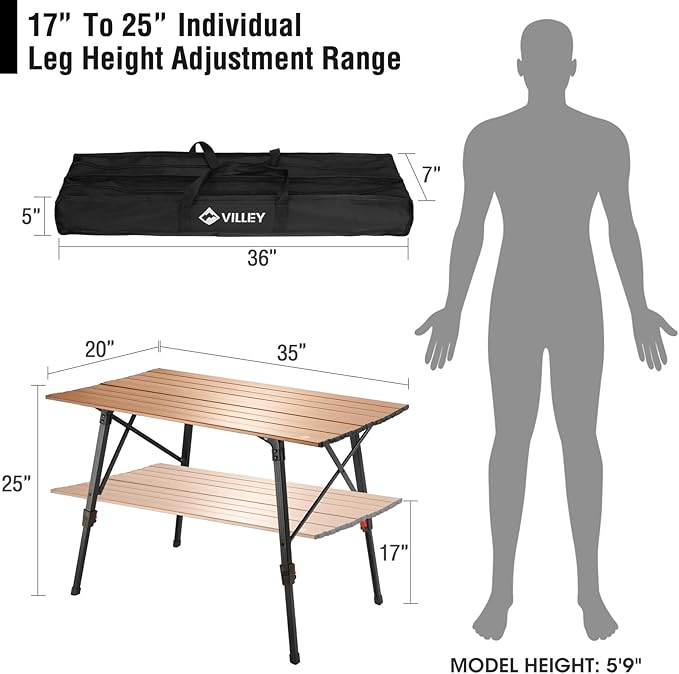 VILLEY Portable Camping Table with Adjustable Legs Lightweight Aluminum Folding Beach Table with Carrying Bag for Outdoor Cooking Picnic Beach Backyards BBQ and Party