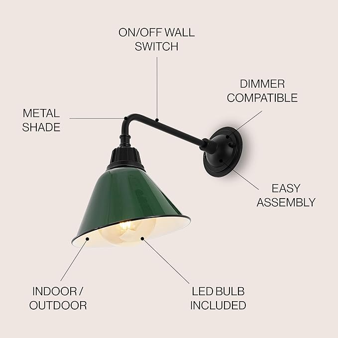 JONATHAN Y 9.63 Green/Black 1-Light Farmhouse Outdoor Sconce Industrial LED Wall Light Gooseneck Arm Barn Lamp with Metal Bell Shade for Porch Patio Kitchen LED Bulb Included (JYL7612F)