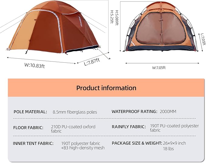 EchoSmile Tents for Camping Waterproof Windproof Tent with Multi-Pole 3-5 Person Spacious Dome Tent with Expandable Space for Shoes Packs &amp Wet Items Easy Setup Tent for Camping &amp Hiking