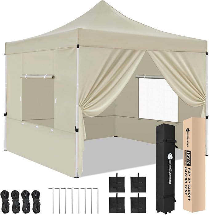 Yesker 10x10 Pop Up Canopy Tent with 4 Sidewalls Portable Folding Outdoor Canopy Easy Setup Gazebo Waterproof Instant Shelter Tent w Wheel Carry Bag sandbag for Events Parties Camping Khaki Brown