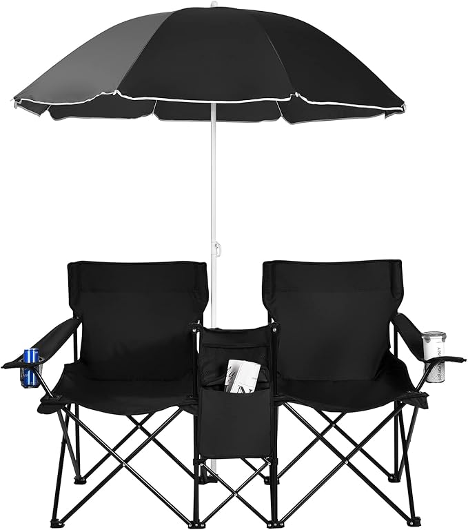 Goplus Double Camping Chair with Umbrella Folding Loveseat Chairs w/Canopy Shade Carrying Bag Table Cup Holder Portable Beach Chairs Outdoor Picnic Patio (Black)