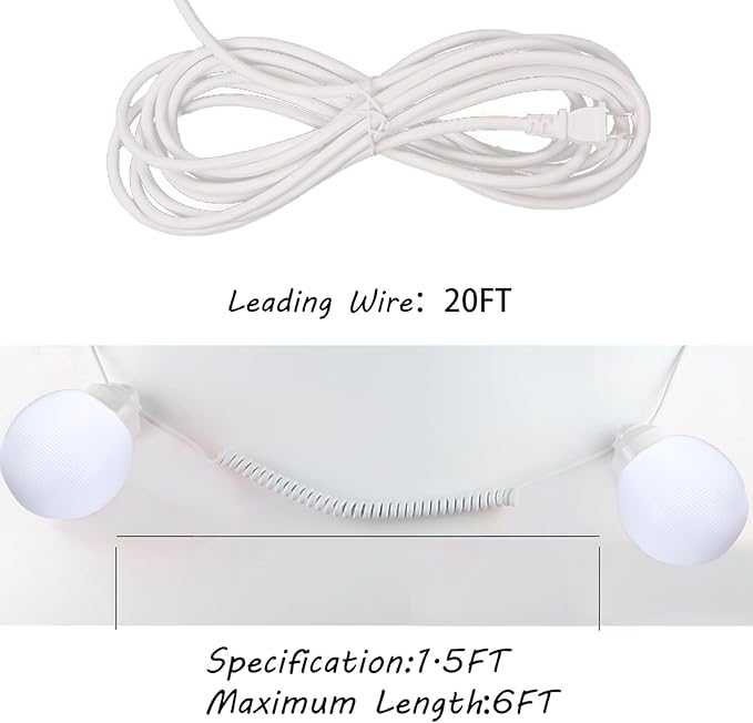 27.5FT Outdoor Patio String Lights - White RV Globe Awning Lights - 6pcs 6in Diameter Acrylic Sunset Awning Lights with 6+2 6W A19 Filament LED Glass Bulbs (2700K Warm White)