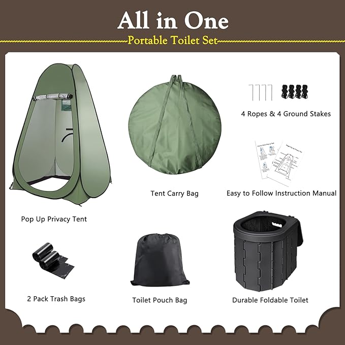 Portable Outdoor Camping Toilet Kit for AdultsPop Up Privacy Tent Camping Folding Toilet 30 Toilet Bags Washable Foldable for Travel RV Car Beach Hiking