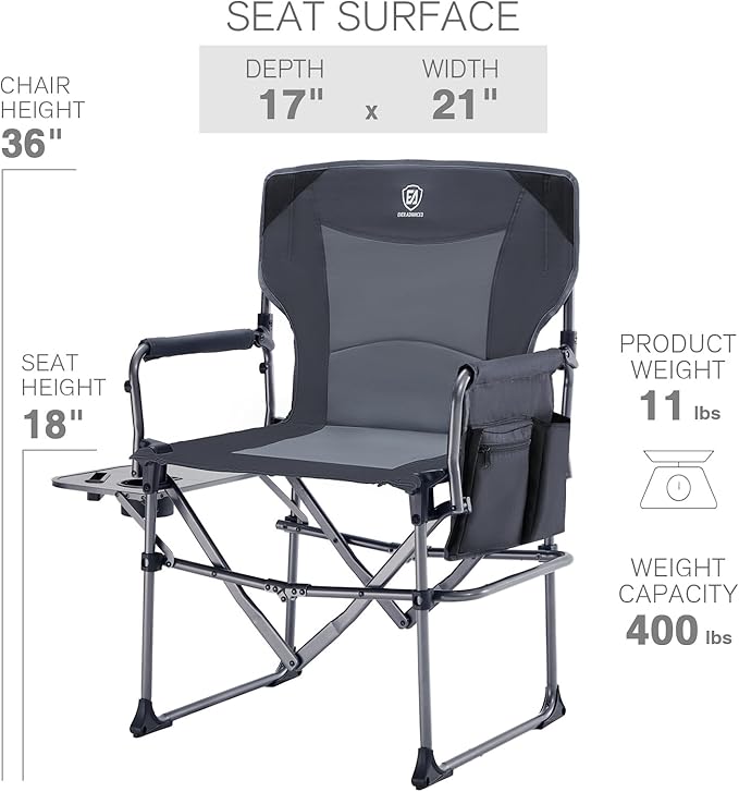 EVER ADVANCED Camping Directors' Chair with Side Table Portable Folding Chair with Compact Size Heavy Duty with Pocket for Camping Lawn Sports and Fishing 400lbs Gray 2 Pack