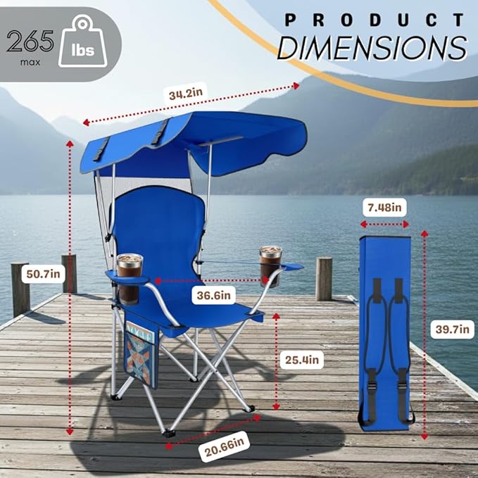 Portable Folding Camping Chairs with Canopy Shade Beach Chair for Adults Durable Weather Resistant 600D Oxford Cloth Camping Chair with Canopy for Outdoors [Blue]