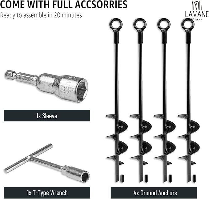 18 inch Trampoline Stakes Kit LA VANE 4-Pack Spiral Ground Anchors Tent Stakes Heavy Duty Screw in Earth Anchors High Wind Metal Auger Anchor for Shed Swing Sets Carports Camping Tent Canopies