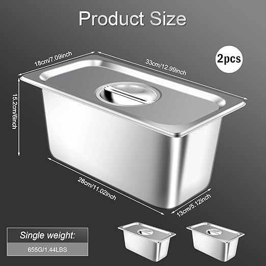 2 Pack Hotel Pan With Lids Steam Table Pans 1/3 Size x 6 Inch Deep Commercial Stainless Steel Pan Restaurant Steam Table Pans