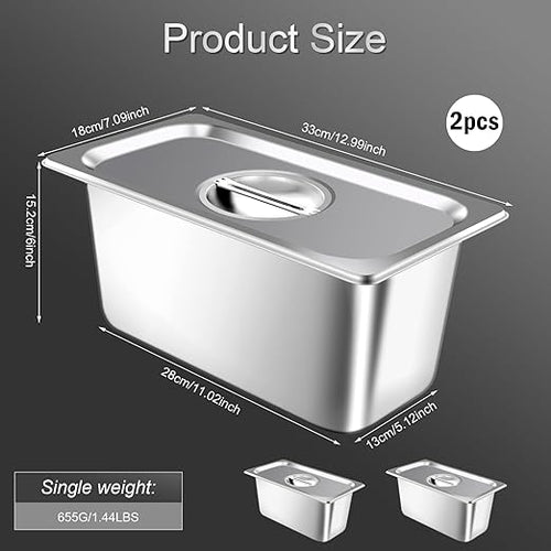 2 Pack Hotel Pan With Lids Steam Table Pans 1/3 Size x 6 Inch Deep Commercial Stainless Steel Pan Restaurant Steam Table Pans