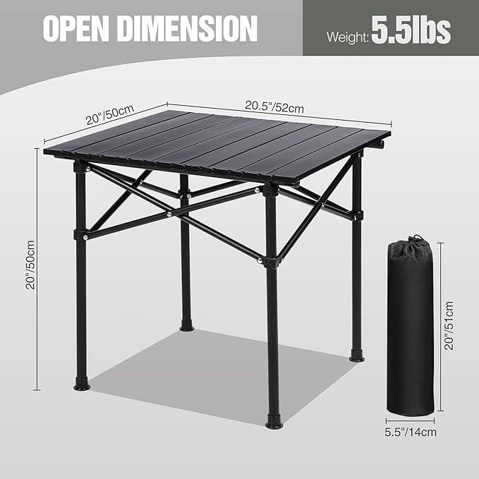 REDCAMP Folding Roll Up Camping Table 20x20.5 Lightweight Portable Compact Beach Table for OutdoorPicnicHikingBlack