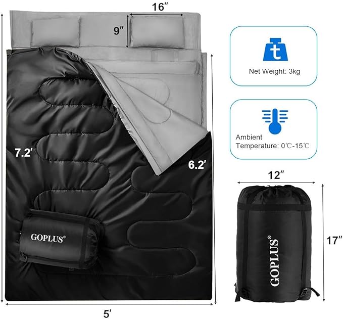Goplus Double Sleeping Bag for Adults Kids Queen Size XL 2 Person Cold Warm Weather 4 Season Water-Proof Lightweight Sleeping Bags w/2 Pillows Compression Sack Ideal for Camping Backpacking Hiking