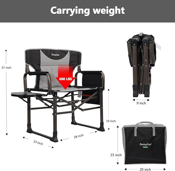SUNNYFEEL Oversized Camping Directors Chair Black Portable Folding Chair for Adults Support 600lbs with Side Pocket and Side Table for Beach Fishing Trip Picnic Lawn Outdoor Foldable Camp Chairs