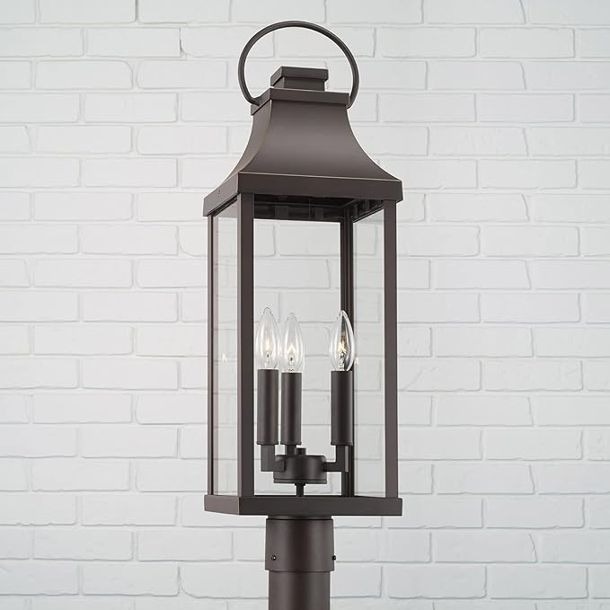 Capital Lighting 946432OZ Bradford Clear Glass Outdoor Post Lantern 3-Light 180 Total Watts 27 H x 8 W Oiled Bronze