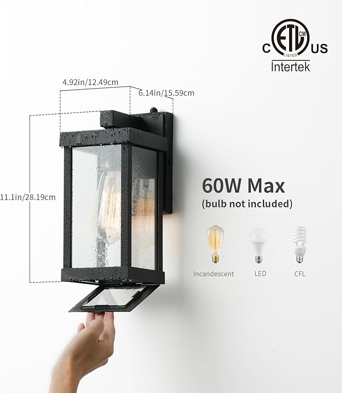 mirrea 11 Dusk to Dawn Classic Outdoor Wall Sconce 1 Light in Matte Black Rectangular Metal Frame and Clear Glass Shade Waterproof Porch Light Patio Light Pack of 2