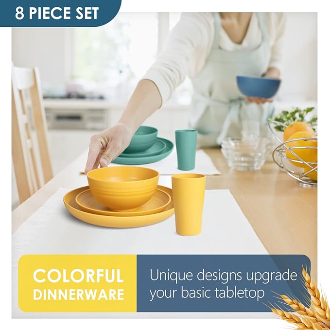 Teivio 32-Piece Kitchen Plastic Wheat Straw Dinnerware Set Service for 8 Dinner Plates Dessert Plate Cereal Bowls Cups Unbreakable Colorful Plastic Outdoor Camping Dishes Autumn Multicolor