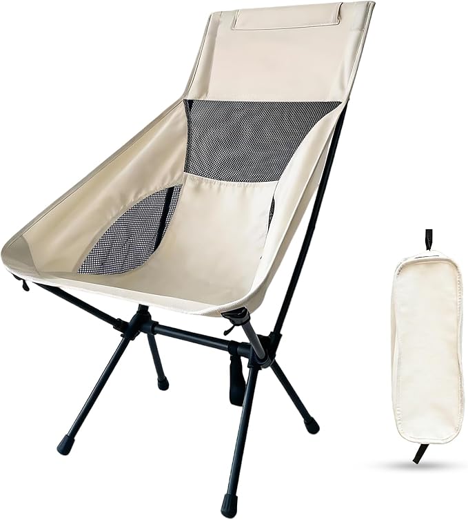 IEJ Ultralight High-Back Camping Chair - Portable Folding Backpacking Chair with Anti-sag Footmuffs Supports up to 300 lbs Compact and Durable for Outdoor Hiking Camping Fishing Reading - White