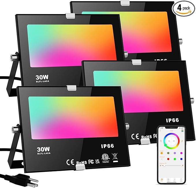 LED Flood Lights RGB Color Changing 300W Equivalent Outdoor 30W Bluetooth Smart RGB Floodlight APP Control IP66 Waterproof Timing 2700K&amp16 Million Colors 23 Modes for Garden Stage Lighting 4 P