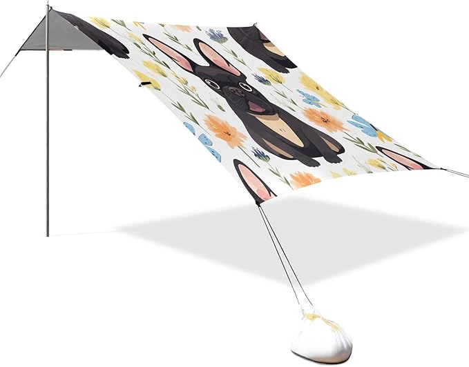 French Bulldog Beach Tent Sun Shelter 9.2' x 10.5' Beach Canopy with 4 Sandbags 4 Stability Poles Sand Shovels - Tent Canopy for Beach Camping Fishing Picnics