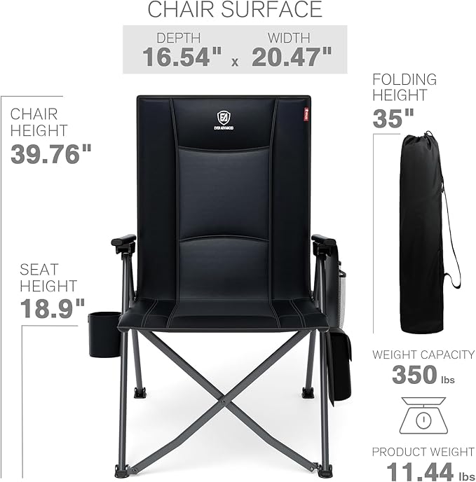 EVER ADVANCED Heated Reclining Camping Chairs for Adult Lightweight Portable Compact Folding Chair with Adjustable Back Portable Lawn Chair for Patio Balcony Supports 350lbs Black