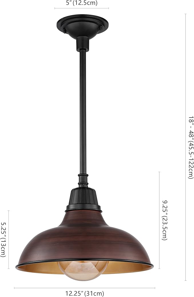 JONATHAN Y 12.25 Wood Finish/Copper Farmhouse Indoor/Outdoor LED Pendant Iron Hanging Light and Black 1-Light Metal Shade Rustic Ceiling Lamp for Kitchen Island LED Bulb Included (JYL7611G)