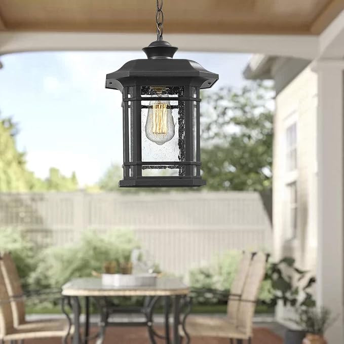 Emliviar Modern Exterior Pendant Light Lantern 14 Outdoor Hanging Light in Black Finish with Seeded Glass A2202110D1