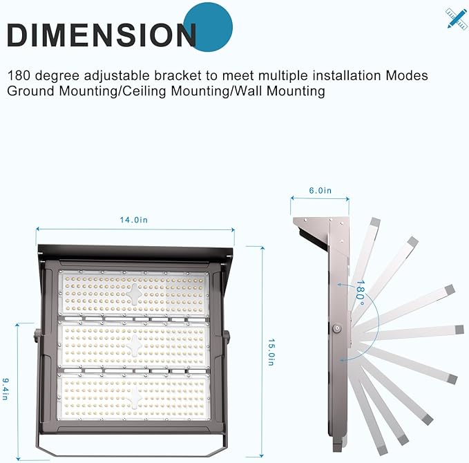 Upgrade 400W Outdoor Flood Lights with Brim AC100-277V LED Stadium Lights 60000Lm Eqv. 1600W HPS IP65 Waterproof Area Lighting with Adjustable U Bracket-2Pack
