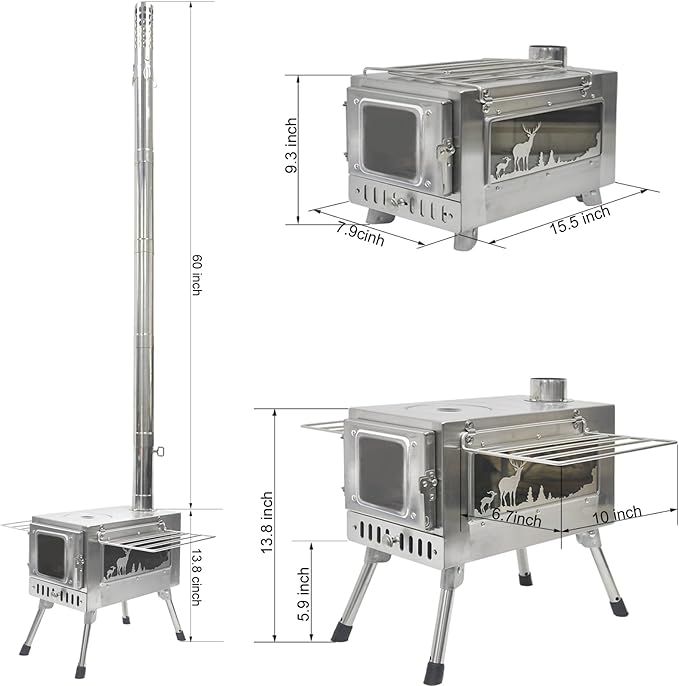Outdoor Wood Burning Stove Portable with Chimney Pipe for Cooking Camping Tent Hiking Fishing Backpacking