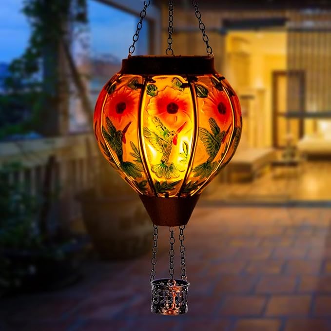 DREAMSOUL 2PCS Hummingbird Hot Air Balloon Solar Lantern Hanging Glass Solar Lanterns Outdoor Waterproof for Garden Tree